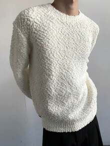 Men White Minimalist Solid Color Versatile Loose Textured Crew Neck Knit Sweater, Christmas, New Year - Beige - View 5