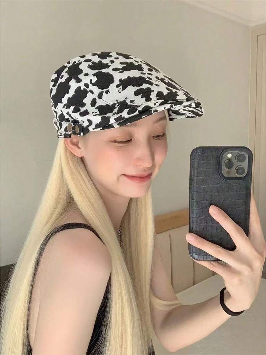 1pc Unisex Fashionable Dual-Color Adjustable Brimmed Hat, Animal Print Design (Leopard, Cow) Made Of Polyester Fiber, Suitable For Spring, Summer, Autumn, Back To School, Casual Wear, Party