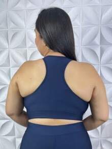 Top Plus Size Feminino Cropeed Academia Recorte Nadador Reforçado xgg - Azul Marinho - Visão 3