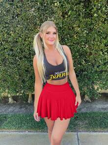 Women One Piece Skirt 2 In 1 Flowy Basic Versatile  Stretchy Flared Casual Mini Skirts - Red - View 4