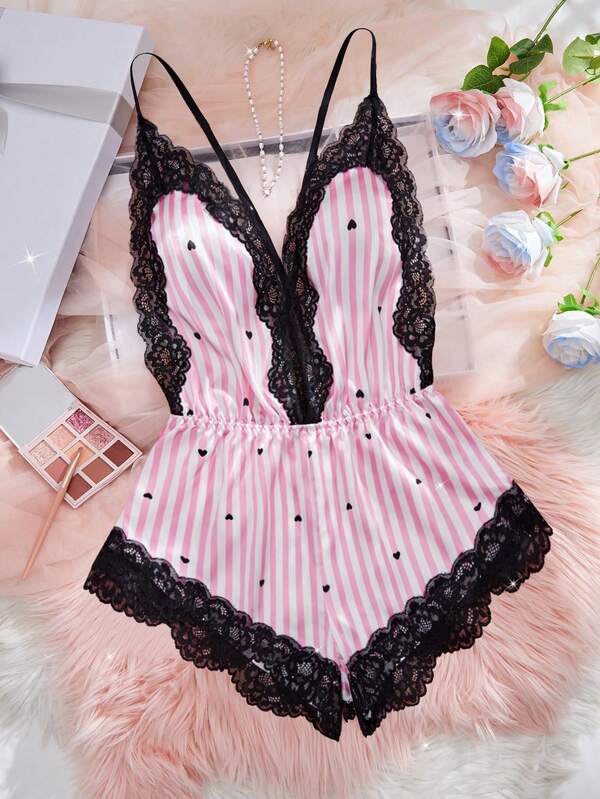 New Contrasting Color Women's Sexy Lingerie Set Deep V-Neck Crossover Adjustable Straps Backless Jumpsuit Waist-Cinching Lace Patchwork Polka Dot Home Bodysuit