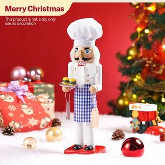 蓝白格子围裙、胡桃夹子汉堡厨师木偶装饰、木制工艺品、卡通圣诞装饰、桌面装饰