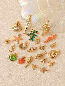 1 buc pandantiv stil oceanic, coajă stea de mare, căluț de mare, coral, stil retro de vacanță, placat cu aur, potrivit pentru coliere brățară DIY, aur electrolizat de 18K, un cadou pentru soții și mame