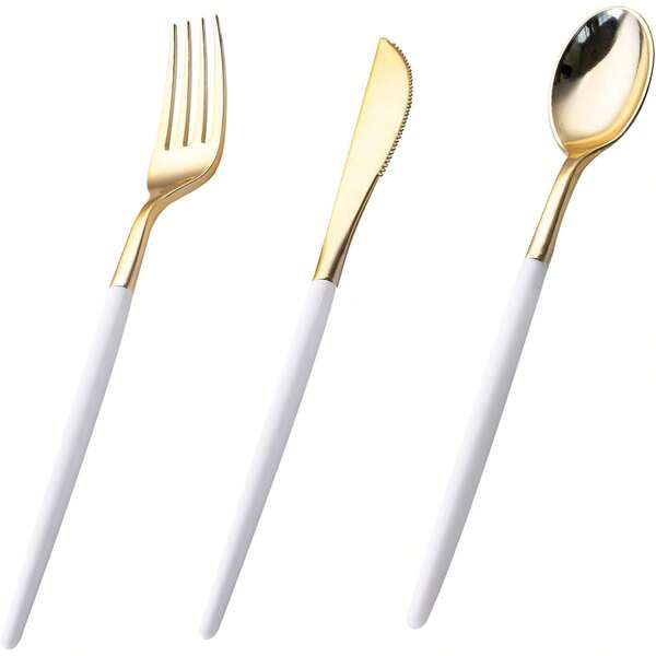 75pcs Gold Plastic Cutlery - Heavy Duty Plastic Tableware - Disposable Party Utensils Set, Includes 25 Forks, 25 Knives, 25 Spoons, Perfect For Weddings
