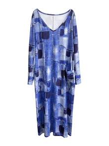 Talla grande Vestido con estampado de retazo con doble bolsillo - Azul - Ver 2