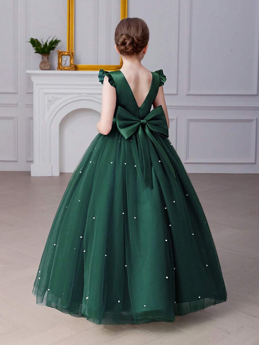 Tween Girl Green Tulle Handmade Beaded Bow Party Dress, Elegant Princess Dress Suitable For Girls Birthday Party, Banquet, Prom, Flower Girl, Wedding, Holiday Celebration - Dark Green - View 1
