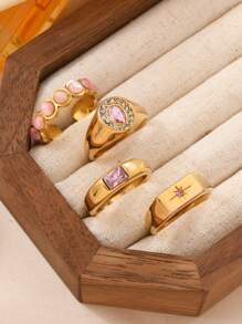 4/6/7 Pieces Fashionable French Delicate Stainless Steel Ring Set For Women With Pink Gemstone Jewellery Suitable For Women's Daily Matching Use Holiday Dating Gift Wedding Engagement Ring Jewellery