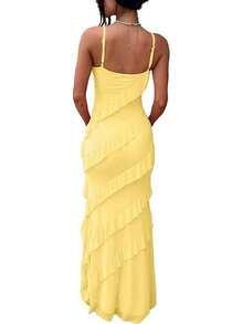 Women's Backless Bodycon Spaghetti Strap Elegant Ruffle Maxi Cocktail Party Dresses, 2025 QMO3 - 黃色 - 查看 5