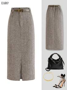 Women's Houndstooth Pattern Skirt, Fashionable Versatile Elegant Loose Fit Slimming - Màu nâu - Xem 1