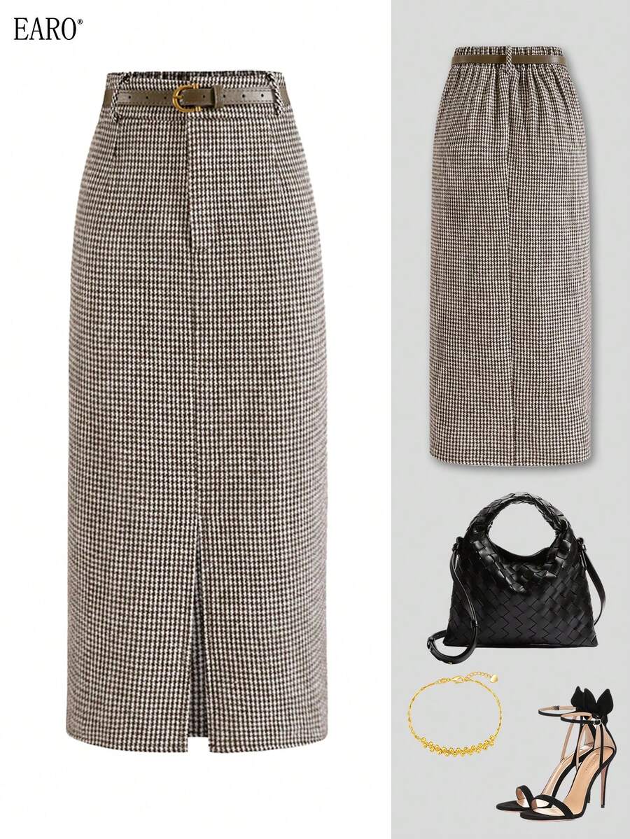 Women's Houndstooth Pattern Skirt, Fashionable Versatile Elegant Loose Fit Slimming - Màu nâu - Xem 1