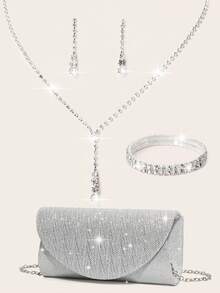 Ladies' Diamond Jewelry Sparkling Luxury Water Diamond Jewelry Set Sparkling Necklace Earrings Bracelet Set Personalized V-Shaped Metal Hardware Flip Cover Bag Elegant And Fashionable Glitter Wrinkled Envelope Bag Handbag Handbag Fashion Banquet Bag Handheld Banquet Bag Handheld Wallet Elegant Handheld Banquet Bag - Silver - View 11