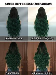7JHH WIGS 28-Inch Extra Long Wavy Curly Wig, Ombre Green Color, Voluminous Curls With Bangs And Dark Roots, Made Of Fully Woven Synthetic Fiber, Suitable For Daily Wear, Music Festivals, Halloween Cosplay And Other Occasions, Fashionable Accessory. - 墨綠色 - 查看 8
