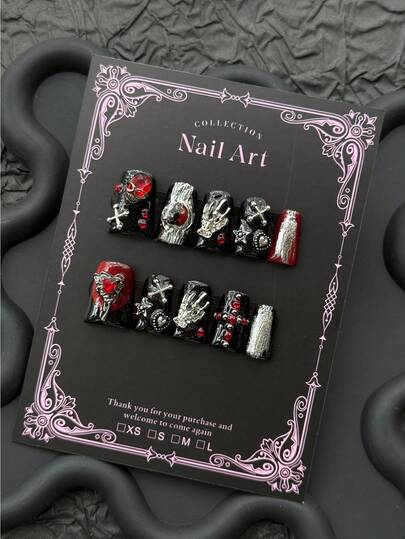 10 uñas postizas hechas a mano con diseño de boca de pato de Halloween, emparejadas con accesorios pintados a mano y con temática de terror para que tus uñas destaquen durante las fiestas. Uñas versátiles aptas para uso diario y looks de Halloween, fáciles de lograr para todos.