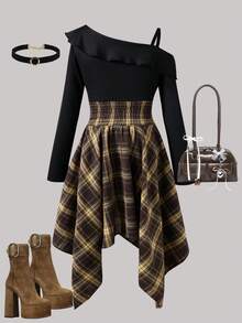 Girls' Oblique Shoulder Long Sleeve Knitted Ribbed Patchwork Plaid Dress, Spring/Autumn