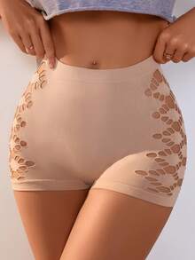 4pcs/Pack Solid Color Seamless Women's Underwear, Comfortable Breathable Geometric Hollow Mesh Sides Mid-Waist Fashionable Briefs