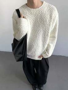 Men White Minimalist Solid Color Versatile Loose Textured Crew Neck Knit Sweater, Christmas, New Year - Beige - View 6