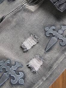 Boys Casual Elastic Waist Distressed Jeans - 灰色 - 查看 6