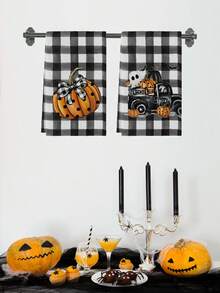 2 Pcs Halloween Vintage Pumpkin Ghost Bathroom Hand Towels Spider Web Bat Witch Hat Black Cat Farmhouse Dining Room Decor Kitchen Towels - Black - View 5
