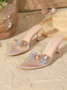 On feet& in love Women's Fashion Elegant Satin Strap Open Toe Slip-On Sandals, Suitable For Wearing With Dresses, Low Vamp, Fine High Heels, Summer - Champagne - View 4