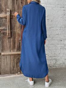 Loose Shirt Dress With Buttons Front, Casual Solid Color Split Hem Dress In Spring And Autumn, Shirt Dresses For Women - Màu xanh lam - Xem 2
