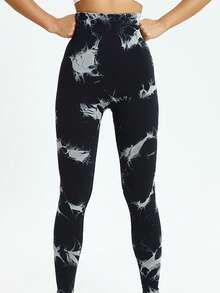 3 Pack Tie Dye Seamless High Waisted Workout Leggings For Women Scrunch Butt Lifting Yoga Gym Athletic Pants - Black+White+Navy Blue - View 3