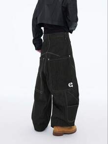 1件 Infinite Jeans 美国街头嘻哈拼接刺绣男士阔腿宽松裤，时尚高街休闲牛仔裤，适合所有季节（产品不含腰带和配饰） - 黑色 - 查看 2