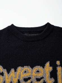 男女皆宜的休闲宽松字母提花圆领长袖套头毛衣，秋冬季百搭时尚针织上衣 - 黑色 - 查看 4