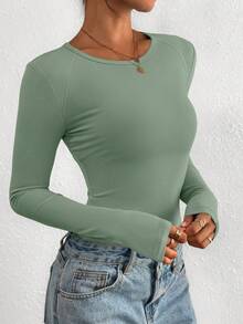 PRETTYGARDEN Women Spring And Fall Long Sleeve Shirts Clothes Cute Going Out Tops Ribbed Tight Fitted Plain Basic Tee Tshirts Vacation Outfits For Women - 灰綠色 - 查看 5