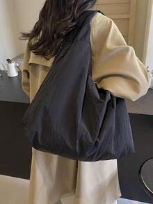 Women's Solid Color Textured Draped Tote Bag, Back To School, Large Capacity Shoulder Bag For Work & Daily Used, Casual  Versatile High-Quality Daily Commuting Bag - Black - View 5