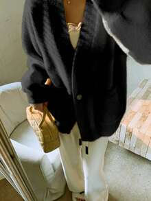 1 件奶油黄色时尚优雅人造毛皮口袋开衫毛衣，适合秋冬季约会、休闲户外活动和旅行