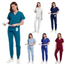 Conjunto De Uniforme Clínico Quirúrgico De Dos Piezas Con Manga Corta, Cuello En V y Bolsillos Funcionales Para Uso Profesional En Tela De Poliéster y Spandex - Agua verde azul - Ver 5