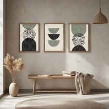 Juego de 3 pinturas en lienzo con obras enmarcadas, decoración de otoño para el hogar - Opciones de pared medieval moderna que incluyen marco de madera, arte de pared estilo bohemio, impresión de pared verde de San, decoración de pared verde, negro, beige, arte geométrico, decoración de pared para la sala de estar