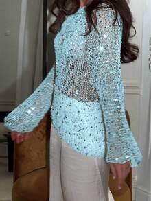 Yuwenier Sexy Cut Out Ausschnitt Transparenter Pailletten verzierter Häkel-Cover-Up mit Fledermausärmeln, locker sitzende Oberteile für Rave-Partys für Frauen