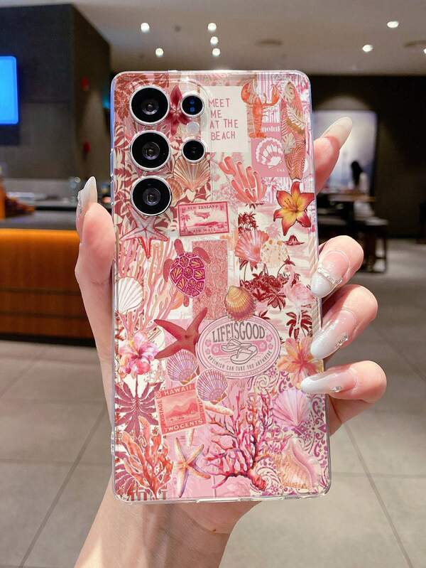 1pc Fashion Shell, Sea Turtle, Coral Flower Patchwork Pattern Transparent Soft TPU Phone Case, Anti-Scratch, Anti-Fingerprint, Camera Lens Protection, Compatible With Apple, Nothing, Pixel, INFINIX, Redmi