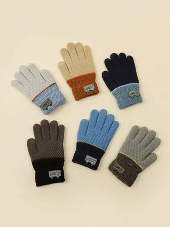 1双纯色加厚冬季保暖户外五指双色儿童手套