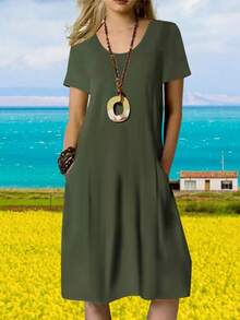 Spring And Summer Popular New Hot Style Fashion Casual Holiday Style Light And Elegant Ladies All-Match Slim Fit Out Home Travel Work Preferred Summer New Solid Color Casual Commute Style Pocketed Dress For Women