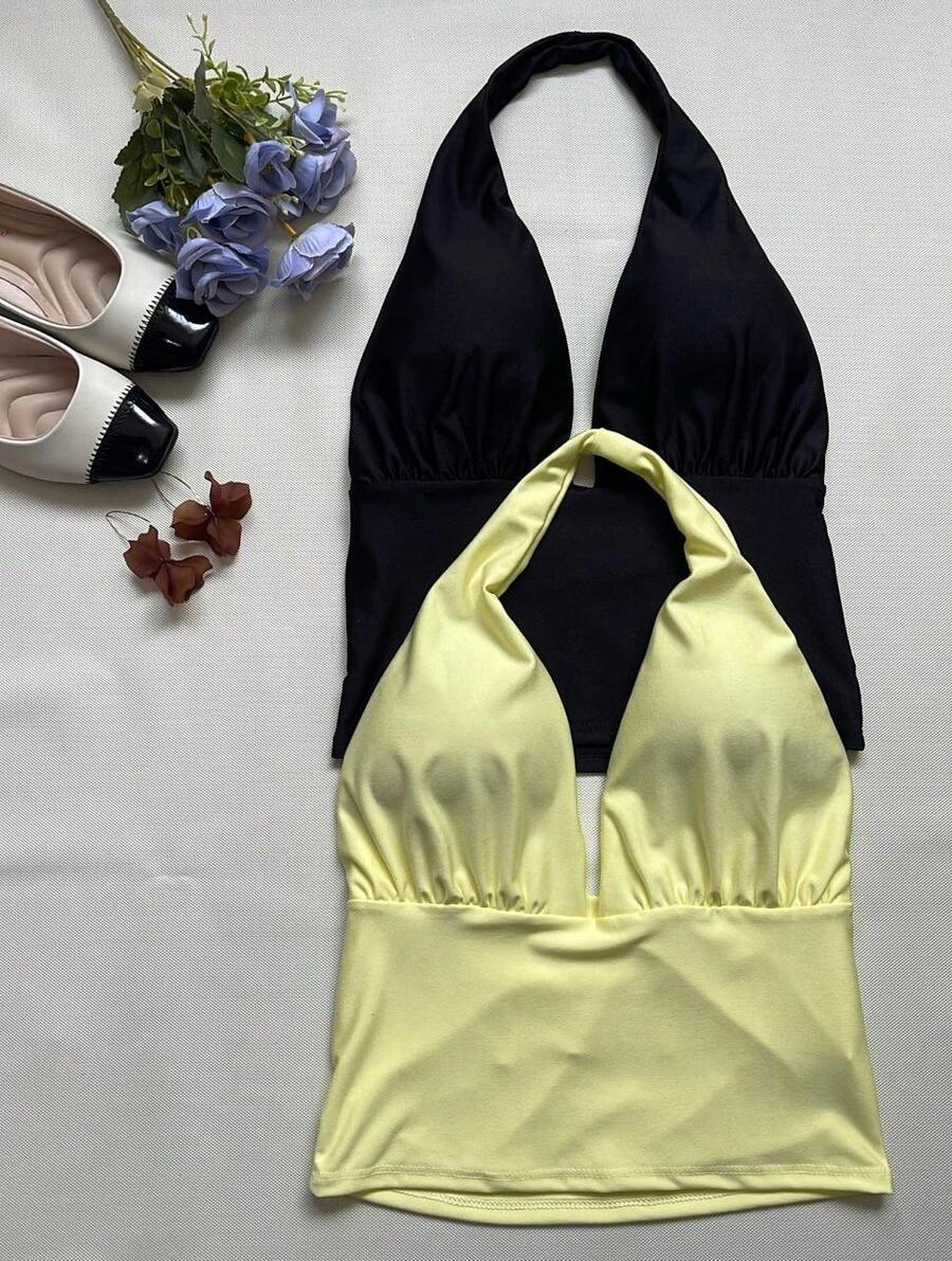 KIT OF TWO (2) CROPPED TOPS WITH PADS IN SUPLEX FABRIC SPRING SUMMER - 黑色和黃色 - 查看 1