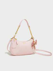 Couleur unie classique en tissu PU imperméable, décoré d'un motif de lettres et d'un pendentif nœud en faux perle, design à la mode, peut être utilisé comme sac à bandoulière, sac carré, portefeuille pour femme, convient pour le shopping, les sorties, les voyages et diverses occasions