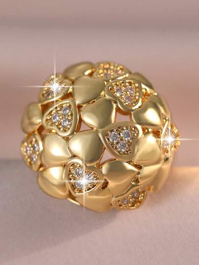 jealous young 1pc Glamorous Heart Shape Flower Cubic Zirconia Wedding Rings,Elegant Shiny Opening Ring Suitable For Women's Daily Wear,Engagement,Party Jewelry