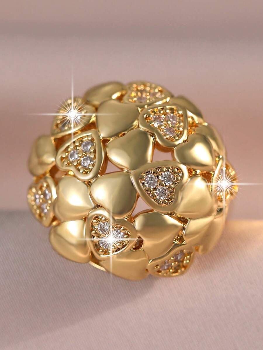 jealous young 1pc Sparkling Heart-Shaped Floral Faux Diamond Ring, Elegant Shiny Open Ring, Suitable For Women's Daily Wear, Engagement, Party And Other Occasions - Yellow Gold - View 1