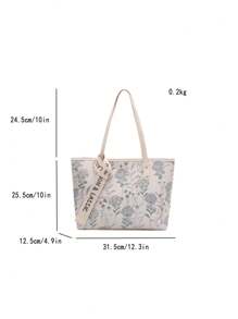 时尚复古花卉刺绣大容量字母围巾装饰便携式手提包，涤纶材质单隔层手提包，适合女性购物、通勤、旅行和日常使用 - 彩色 - 查看 4