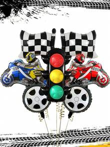 7 件摩托车主题气球套装，包括 3D 红色摩托车、蓝色摩托车、赛车旗、轮胎和红绿交通灯铝箔气球，适用于生日派对装饰、体育赛事、生日庆祝、赛车主题庆祝和毕业装饰 - 彩色 - 查看 6