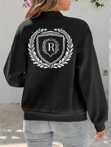 Personalized Women's Stand Collar Jacket/Zip-Up Sweatshirt - Customizable Logo Designs (Front And Back), Work Uniform Logos, Christmas Designs, Halloween Patterns, Pumpkin Designs, Skull Designs, Thanksgiving Designs, Turkey Designs, Team Logos, School Uniforms, Advertising Printing, Lucky Numbers, [Anything Can Be Customized, Including Family, Pets, And Friends' Photos]. Autumn Coat/Jacket/Zip-Up Sweatshirt With Thermal Lined For Warmth. Black ,For Family, Women Oversized Sweatshirts - Black - View 2