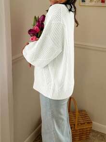 Women's Loose Solid Color Long Sleeve Thick Knit Sweater, Round Neck Warm Pullover Sweater, Suitable For Casual Daily Wear In Autumn And Winter - Cream - View 4