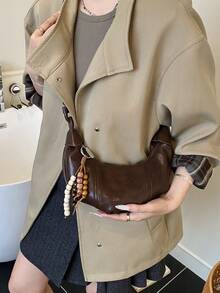 1pc Solid Color PU Shoulder Bag, Fashionable Large Capacity Crescent-Shaped Handbag Suitable For Adult Women, Stylish Outfit And Outdoor Shopping - Coffee - View 4