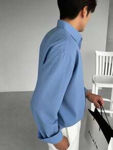 休闲宽松细条纹提花长袖衬衫，秋季 - 藍色 - 查看 5