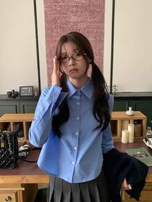 女士休闲学院风字母刺绣长袖开衫衬衫，秋冬款