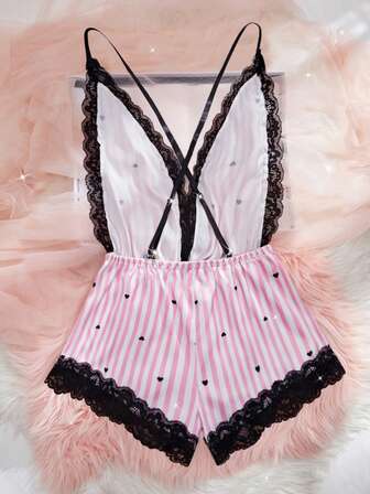 Alla hjärtans dag-present Nytt kontrasterande färg sexigt underklädesset för kvinnor Djup V-ringning Korsande justerbara axelband Rygglös jumpsuit Midjeåtsittande spets Patchwork Prickig Hembody