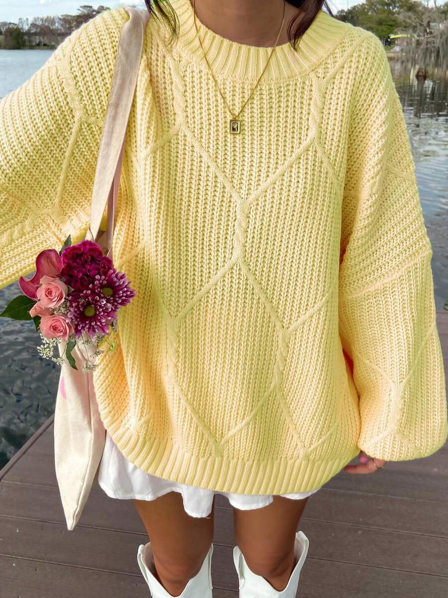 Damen Oversized Zopfstrick Einfarbiger Langarm Pullover, Rundhals Grober Warm Dicker Herbst Winter Süßer Pullover für Lässig Alltägliches Tragen, Herbst, Winter