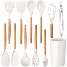 E-Far Cooking Utensils Set Of 6, Silicone Kitchen Utensils With Wooden Handle, Non-Stick Cookware Friendly & Heat Resistant, Includes Spatula/Ladle/Slotted Turner/Serving Spoon/Spaghetti Server(Black)